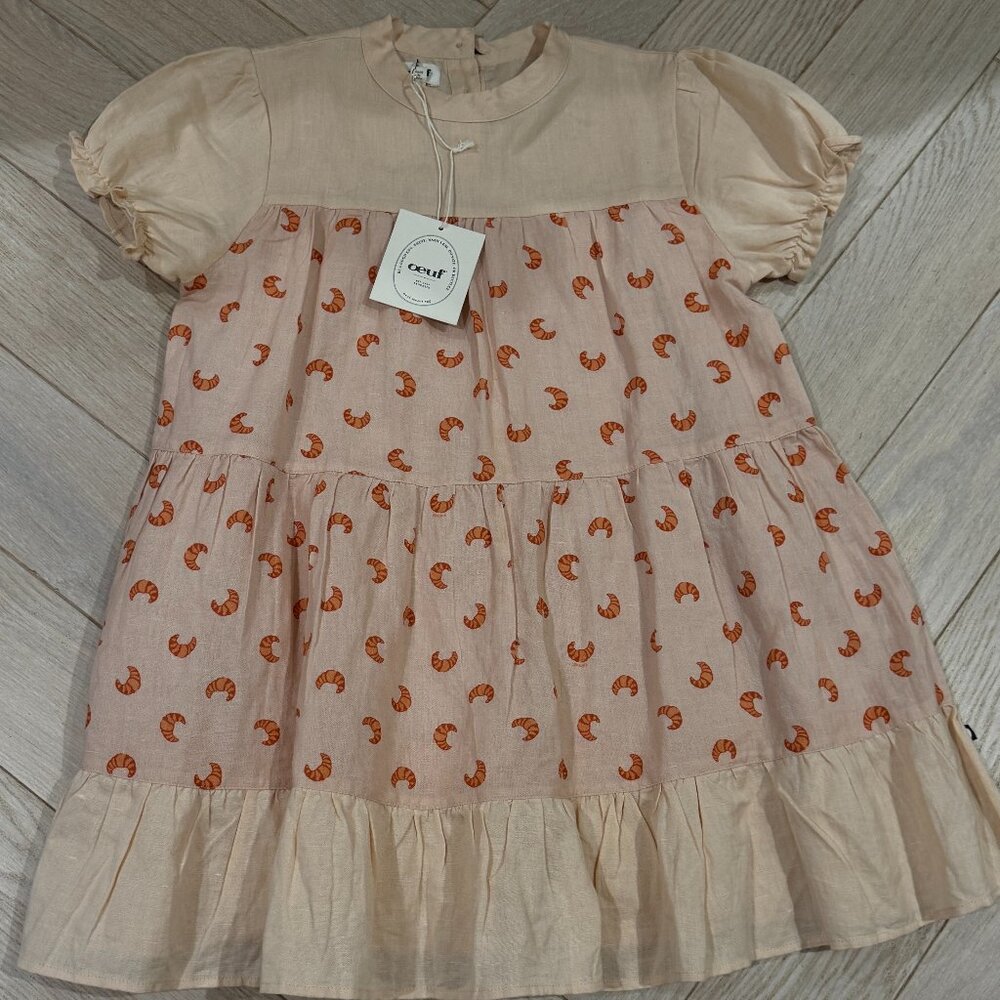Brand New Oeuf Girls' Croissant Motif Short Sleeve Dress, 6-7 Yr